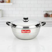 Max Fresh stainless steel cookware pot with lid and black handles on white kitchen counter